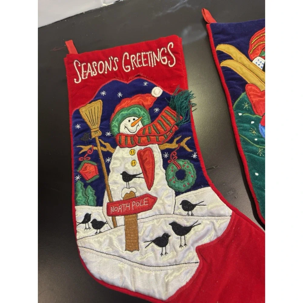 Snowman w Birds Penguin Skiing Christmas Stocking‎ Embroidered Applique Set of 2